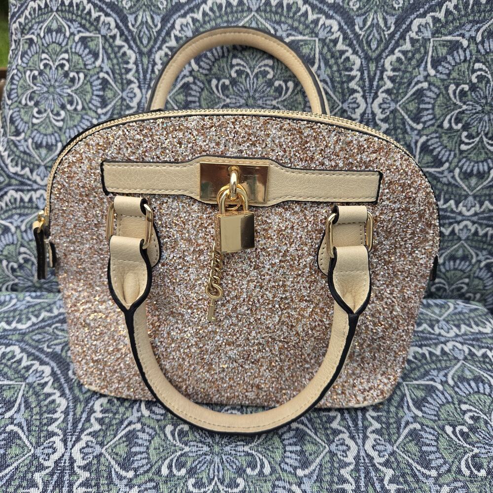 Aldo Barland Dome Satchel Champagne Glitter Sparkle Handbag Gold Hardware